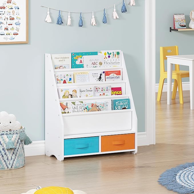 UTEX Kids Bookshelf with Storage Bins, Book Shelf for Kids Rooms, 4-Tier Toddler Sling Bookshelf for Nursery, Living Room, Bedroom, White