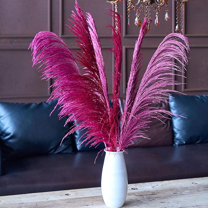 Pampas Grass Decor Tall,Long Pampas, Large Pompas Floral, Elegant Feather Flowers for Wedding Decorations, Living Room Decor (Natural Purple Red, 4pcs 43.3"(110cm))