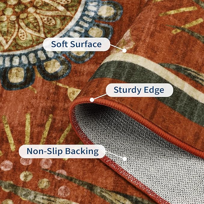 Washable 8x10 Modern Floral Area Rug Ultra Soft Thin Bedroom Carpet Non Shed Large Rugs Non Slip Living Room Rustic Rug Stain Resistant Indoor Home Decor Carpet for Farmhouse Dining Room, Brick Red