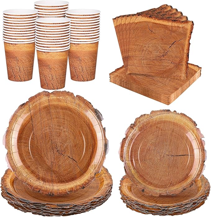 96 Pieces Wood Grain Slice Tableware Sets Rustic Wood Party Supplies Including Paper Plates, Napkins, Cups, Serves 24 for Camping Birthday Hunting Forest Party Decorations