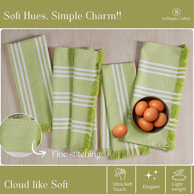 Stripe Tea Towels 4 Pack, 16x26 Inches, Dish Towels for Kitchen Drying, Reusable Rags, Absorbent and Washable Cloths, Cleaning Towels for Dishes and Everyday Use - Lemon Green