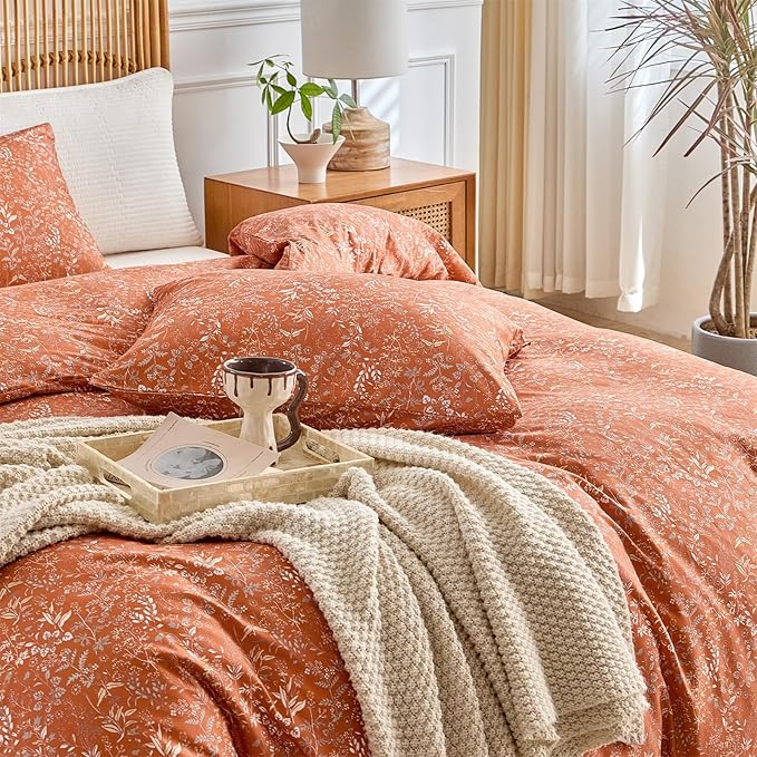 mixinni 3 Pieces Duvet Covers King Size, 100% Cotton Comforter Cover Wildflower Printed on Pumpkin Floral Bedding Set with Zipper Closure 4 Ties (1 Duvet Cover 104"x90", 2 Pillow Cases 20"x36")
