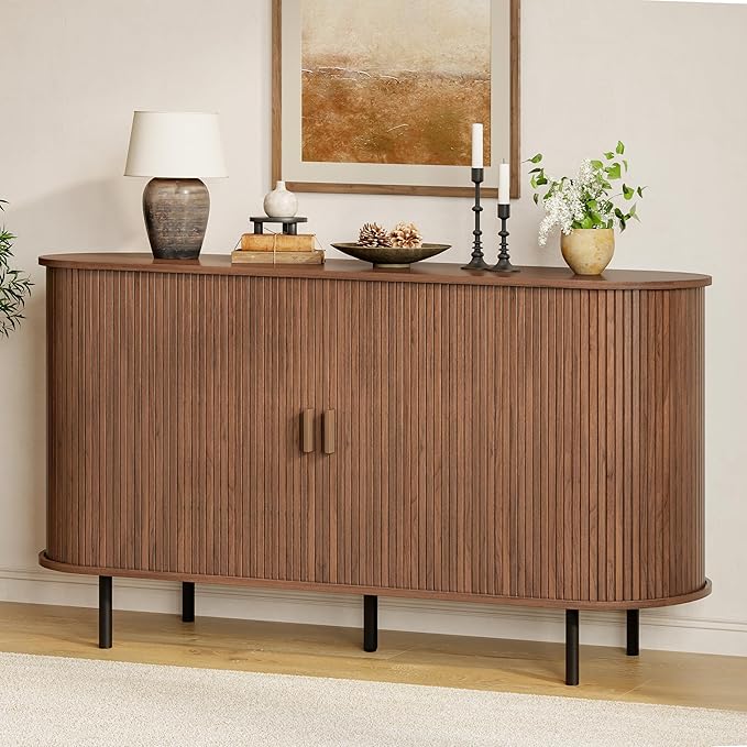 Buffet Sideboard Cabinet with Storage, 55" Fluted Cabinet with Sliding Door & Adjustable Shelf, Modern Accent Coffee Bar Console Table for Kitchen, Entryway, Walnut