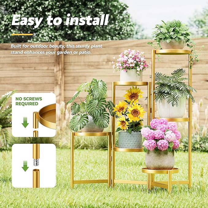 6 Tiered Plant Stand Indoor for Multiple Large Planter, Tall Heavy Duty Adjustable Folding Rack with Rustproof 7.9 Inch Wide Tray, Plant Shelf for Corner Living Room - GoldDisk