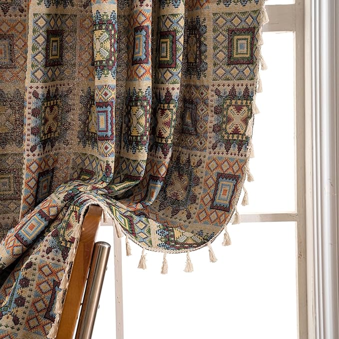 ENJOYBRIDAL Patchwork 63 Inch Curtains 2 Panel Set Semi Sheer Bedroom Drapes Rod Pocket Short Jacquard Bohemian Window Curtain Panels Farmhouse Light Filtering Beige Boho Living Room Window Treatments