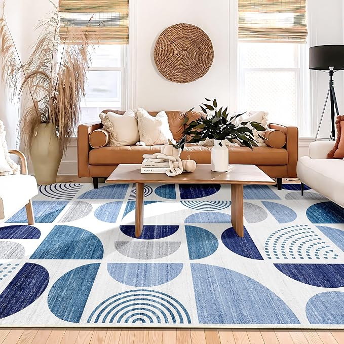 MUJOO Blue Rug Boho Washable,6x9 Area Rugs for Living Room Bedroom Dining Room,Large Throw Floor Carpet Non Slip Soft Modern Abstract Navy Blue