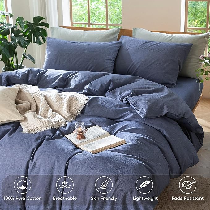 MooMee Bedding Duvet Cover Set 100% Washed Cotton Linen Like Textured Breathable Durable Soft Comfy (Heathered Blue, Super Queen 90"x98")
