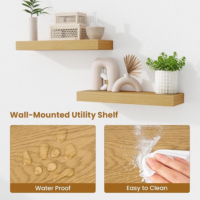 Fun Memories Floating Shelves Bathroom for Wall Mounted Shelves, 20 Inch Wood Shelf Set of 2, Home Storage & Display Decor, Oak