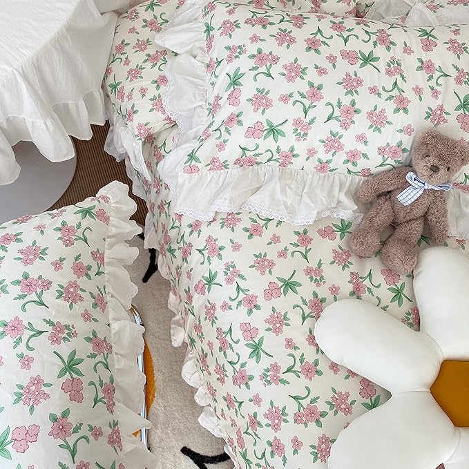 VM VOUGEMARKET White Ruffle Comforter Set Twin Pink Flower Bed Comforter with Ruffle Edge Romantic Princess Style Bedding Set(3pcs,Twin XL)