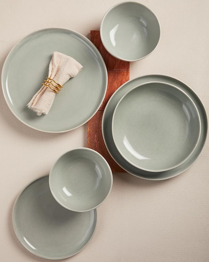 Pokini 24 Pieces Dinnerware Set for 6 with Pasta Bowls, Complete Ceramic Dish Set, Stackable & Glossy Stoneware Plate and Bowl Set for Effortless Everyday Hosting, Gray Green