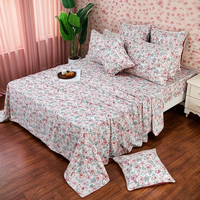 FADFAY Rose Floral Sheets Set King Vintage Red Floral Bedding Shabby Rustic Rose Sheets French Country Farmhouse Bedding 800 Thread Count 100% Egyptian Cotton Deep Pocket Fitted Sheet 4Pcs, King Size
