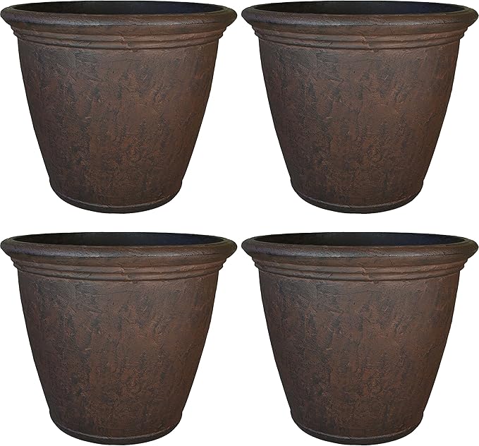 Sunnydaze 24-Inch Anjelica Large Plastic Pot for Plants - Double-Walled Outdoor Polyresin Round Planter Porch Pot with Drillable Drainage Holes - Rust - 4pk