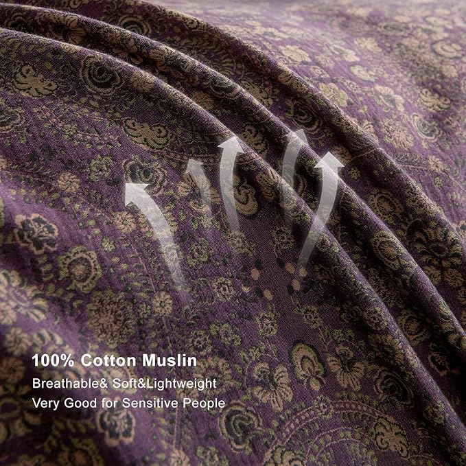 EAVD Soft 100% Cotton Muslin Yarn-Dyed Jacquard Textured Duvet Cover Queen Chic Shabby Purple Floral Duvet Cover with Zipper Closure Linen Like Gauze Floral Bedding Set with 2 Pillowcases