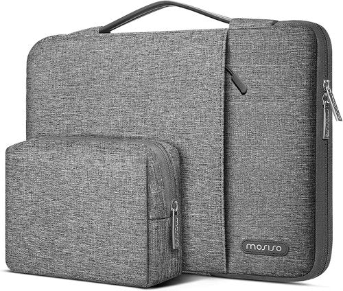 MOSISO 360 Protective Laptop Sleeve - Compatible with MacBook Air/Pro 13-14 Inch - Gray Vertical Bag with Small Case & Belt