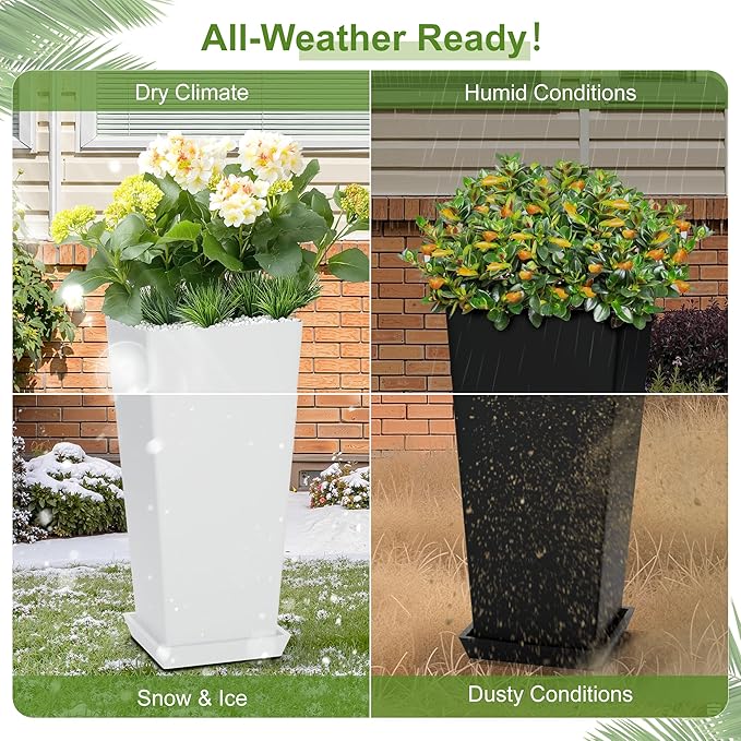 24" Tall Planters for Outdoor Plants, Set of 2 Large Outdoor Planters for Front Porch Decor with Drainage Hole, Tall Planter (Black)