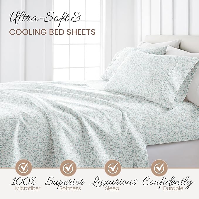 Linen Market Double-Brushed Patterned Microfiber California King Sheet Set 4 Piece – Oeko-TEX Certified Ultra Soft & Wrinkle-Free - 16" Deep Pocket Sheets Easy Care Cal-King Size - Vines Light Blue