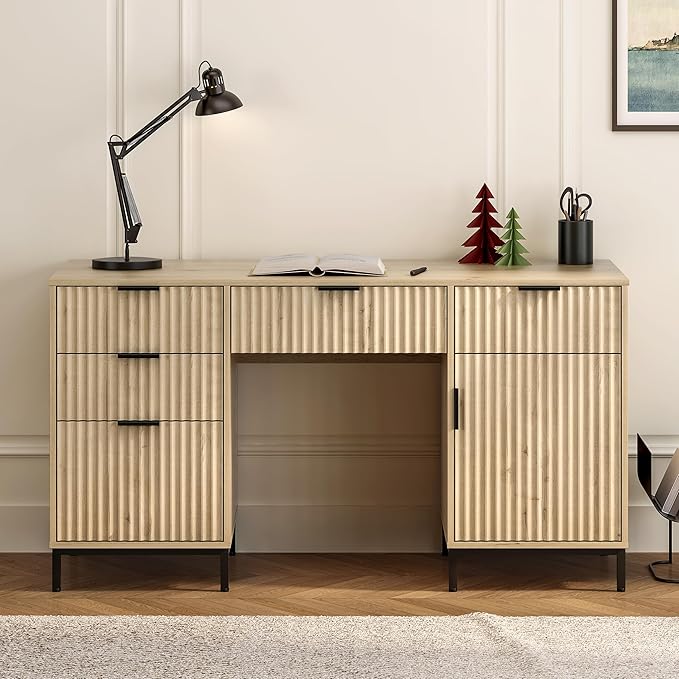 55" Fluted Executive Desk, Modern Wood Home Office Desk with Charging Station, Keyboard Tray, File Drawer, Storage Cabinet for Work Study Writing Desk, Light Oak