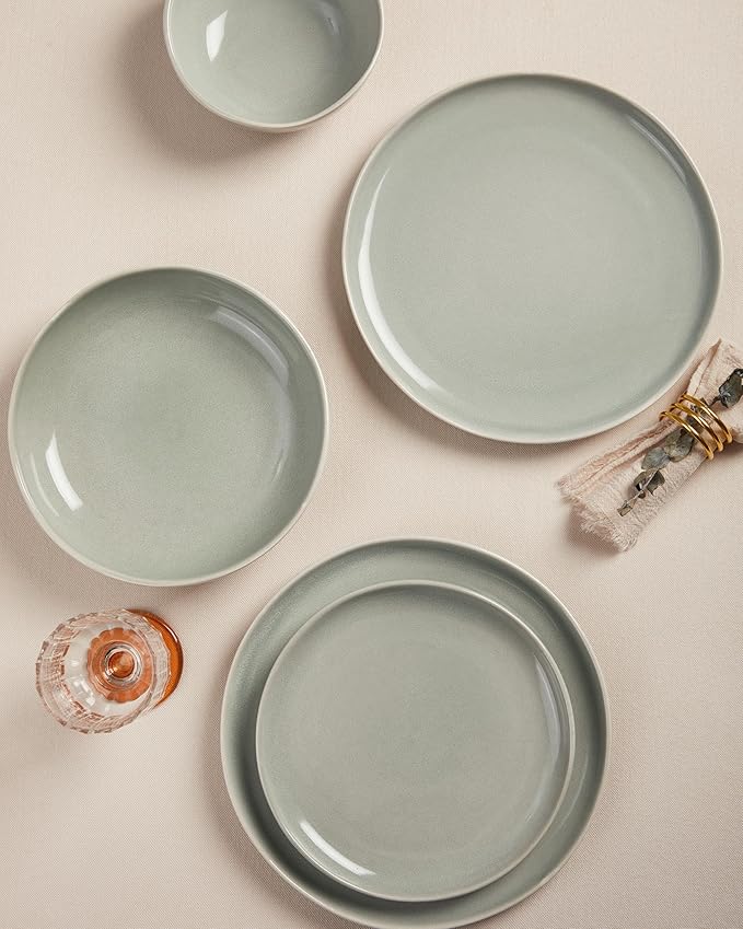 Pokini 32 Piece Dinnerware Set for 8 with Pasta Bowls, Gray Green Reactive Glaze Stoneware | All‑in‑One Host Set for Entertaining, Holiday Meals, Multi‑Course Dish Set | Unique Irregular Look