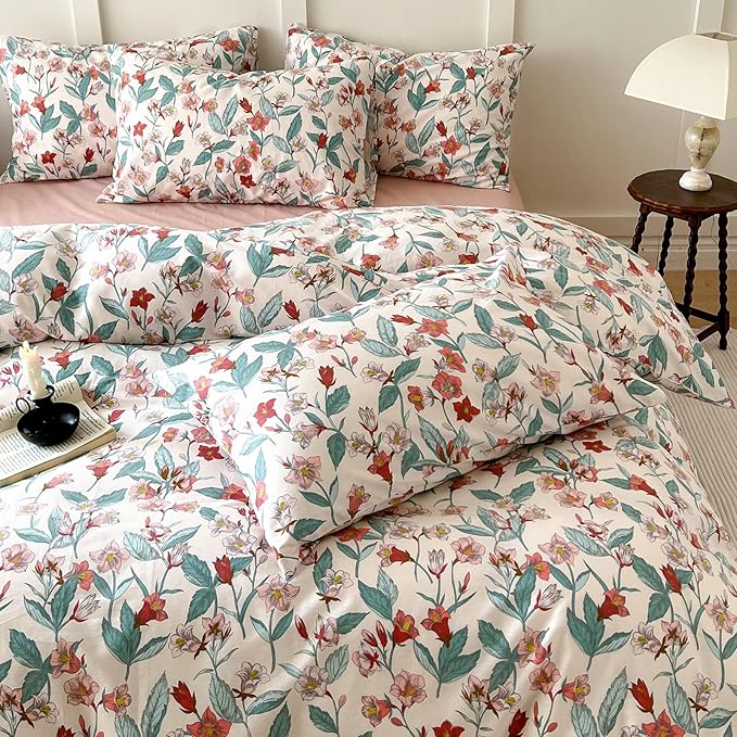 EAVD Red Floral Duvet Cover King Soft 100% Cotton Garden Floral Leaves Botanical Bedding Set with 2 Pillowcases Chic Shabby Vintage Floral Comforter Set with Zipper Closure