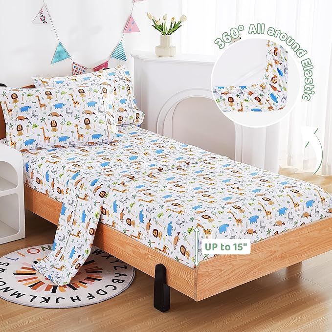 Viviland 3 Pieces Girls Boys Wild Forest Animals Twin Sheet Set - Soft Microfiber Fitted Flat Sheets & Pillowcase - Kids Lion Elephant Print Bedding Sets - for Kids & Toddlers
