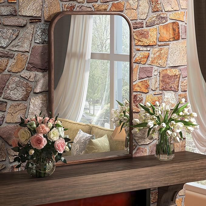 24"x36" Arch Wall Mirror Bathroom Mirror for Wall Mounted, Tempered Glass, Wood Grain Finish Frame Wall Mirror Decorative for Bedroom Living Room Entryway, Rustic Brown