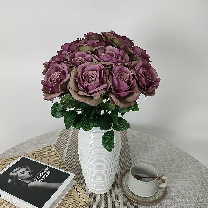 Fall Purple Satin Roses,12 Pcs Purple Roses Flowers, Silk Floral,Artificial Flowers with Stems for Wedding Arrangement Centerpieces Party Home Table Decorations,Flores Artificiales
