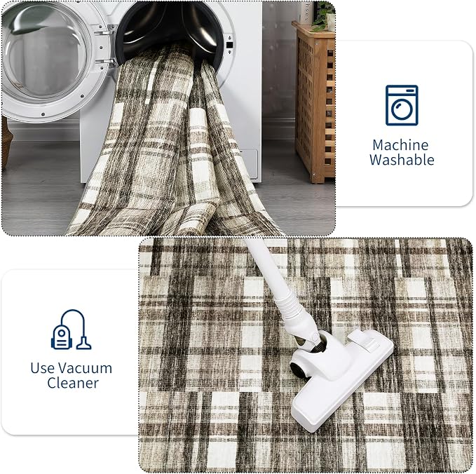 Runner Rugs for Hallway 2x6 Bathroom Rug Washable Area Rug Modern Plaid Low Pile Entryway Rug Small Non Slip Kitchen Rugs Stain Resistant Carpet for Laundry Bedroom Entrance, Beige 2'x6'