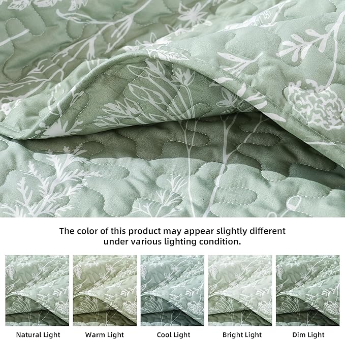 JANZAA Quilt King Size Sage Green Quilt Bed Spread Boho Quilt with Floral Pattern Microfiber Quilts Set 3 Pieces Lightweight Comforter Reversible Bedding Set 1 King Size Quilts and 2 Pillowcases