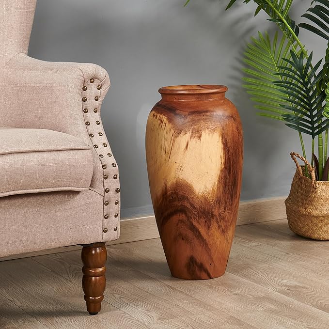 Natural Wood Vase 7.1" x 7.1" x 19.7" H Wooden Brown Handmade Acacia Vase Rustic Decorative Flower Holder Vintage Artworks Planter for Living Room Floor Home Christmas Décor