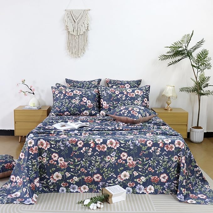 FADFAY Sheets Set Queen Vintage Dark Blue Floral Bedding Shabby Peony Floral Sheets French Country Farmhouse Bedding 800 Thread Count 100% Egyptian Cotton Deep Pocket Fitted Sheet 4Pcs, Queen Size