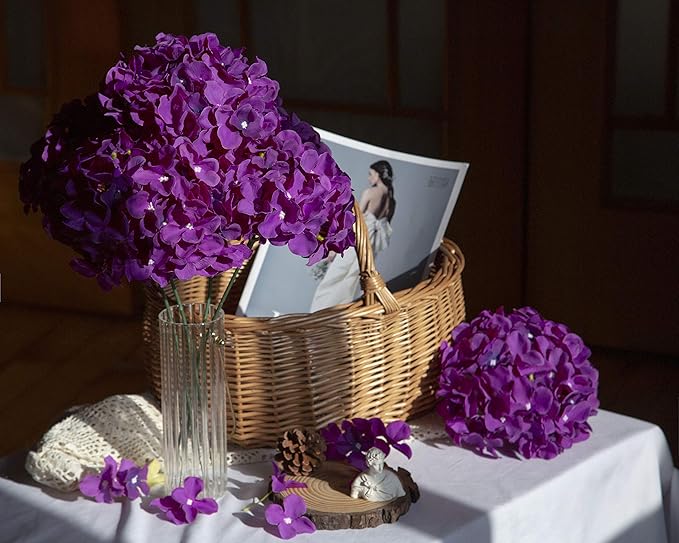 DuHouse Hydrangea Silk Flowers Artificial Flowers with Stem Fake Flower Heads for Wedding Centerpiece Home Decor Pack of 6 (Dark Purple)