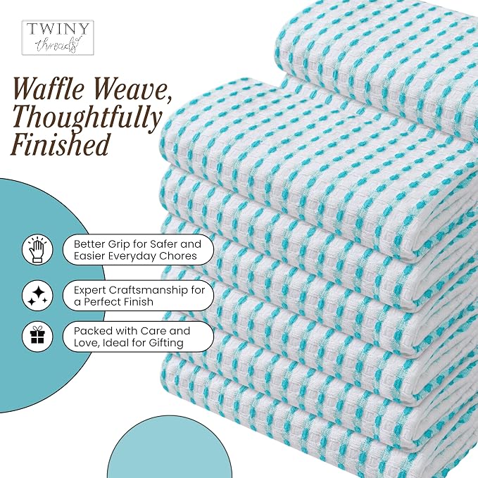 TWINY threads Waffle Kitchen Towels 4 Pack, 100% Cotton 16x26 Dishcloth Set, Highly Absorbent & Quick Dry Tea Towels for Drying Dishes, Cleaning Counters & Everyday Use, Aqua Blue, White