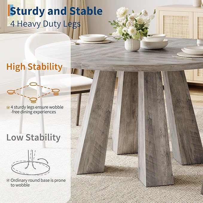 IDEALHOUSE 47" Round Dining Table for 4-6, Wood Kitchen Table with Sturdy Base, Farmhouse Circle Dinner Table for Dining Room, Living Room, 4 Strong Legs, Grey