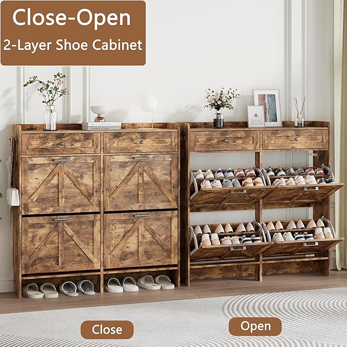 Shoe Cabinet with 4 Flip Drawers & 2 Top Drawers, 43" Tall Freestanding Narrow Wooden Shoe Storage Organizer for Entryway, Hidden Slim Shoe Rack for Front Door Entrance, Hallway, Living Room, Brown