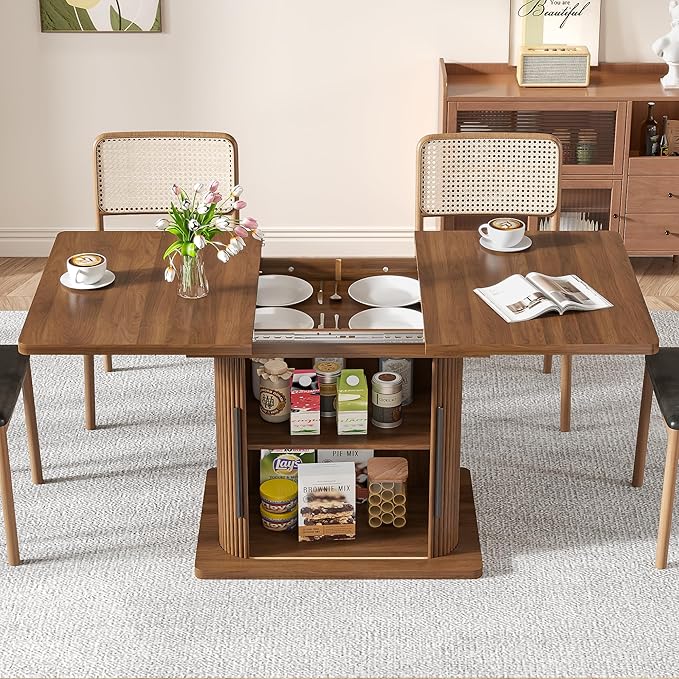 Extendable Dining Room Table for 4-6, 47-65 Inch Rectangle Kitchen Dining Table with Large Storage, Fluted Sliding Door, Expandable Mid Century Modern Dinner Furniture, Living Room, Walnut, Brown