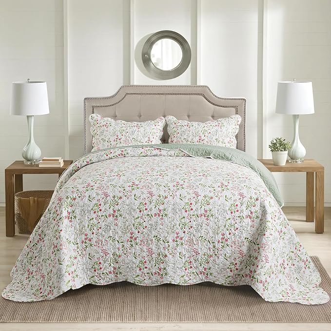 HoneiLife Queen Quilt Bedding Set - 3 Pieces Microfiber Quilt Sets Lightweight Bedspreads Reversible Coverlets Nature Bed Cover Floral Bedding Set Wildflower Quilts All Season Use