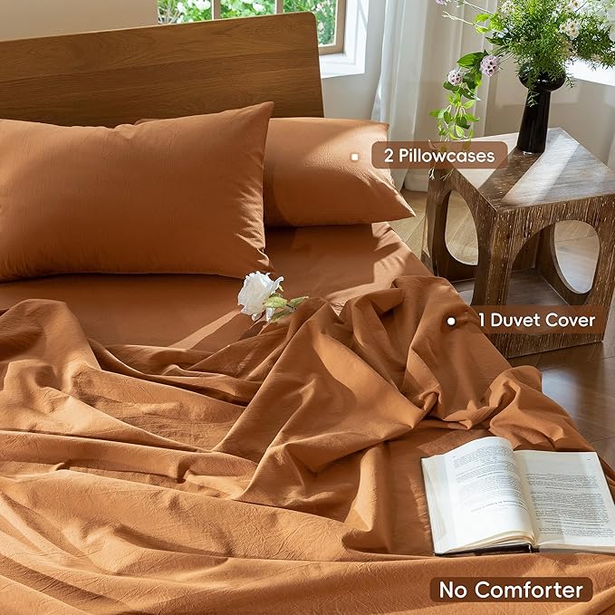 MooMee Bedding Duvet Cover Set 100% Washed Cotton Linen Like Textured Breathable Durable Soft Comfy (Solid Burnt Orange, Full 80"x90")