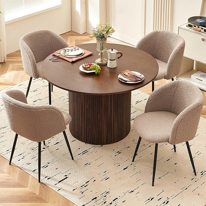 Homedot 47" Round Dining Room Table Walnut Wood Veneer Tabletop, Farmhouse Dinner Table with Two-Part Tabletop for 4-6, Rustic Circle Dining Table with MDF Strip Base for Kitchen Living Room