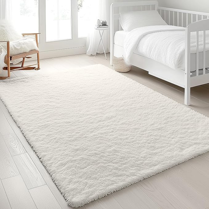 OLANLY 10x14 Machine Washable Large Area Rugs for Living Room, Bedroom, Soft Fluffy Shaggy Bedside Rug, Indoor Floor Carpet for Kids Girls and Boys, Dorms, Nursery, Home Decor Aesthetic, Ivory
