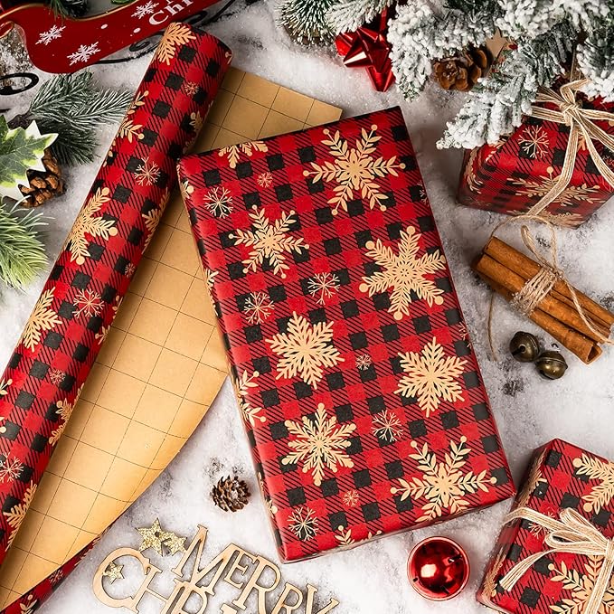 MAYPLUSS Kraft Christmas Wrapping Paper Roll - 17 Inch X 33 Feet - Recyclable Snowflake on Red Buffalo Plaid Kraft Birthday Winter Holiday Gift Wrap Sheet for Party DIY Craft Festive Decoration