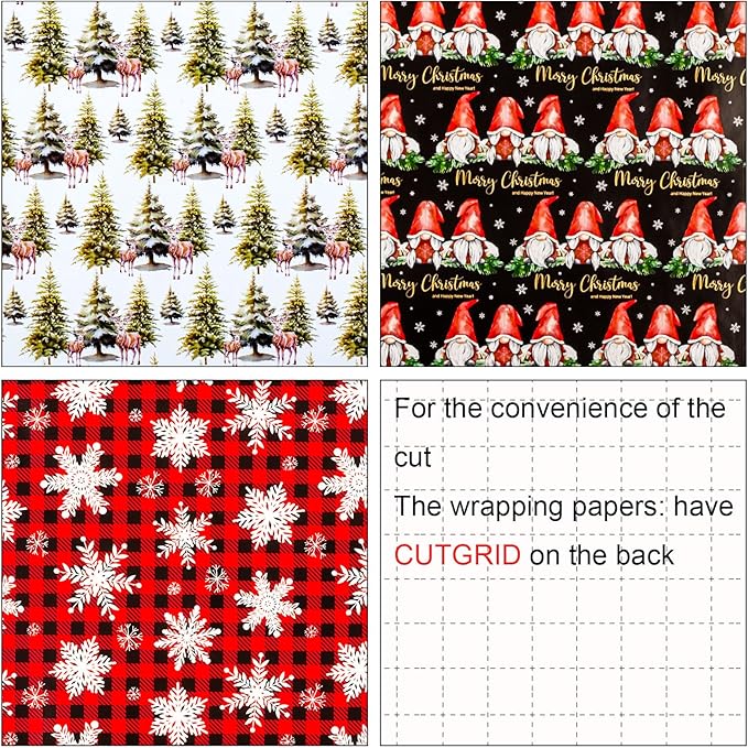 MAYPLUSS Festive Christmas Wrapping Paper - 17Inch x 10Feet Per Roll - Fairy Forest Deer Gnome Holiday Christmas Snowflake Thick Rolled Gift Wrap for Winter, Holiday, Party and Celebrations