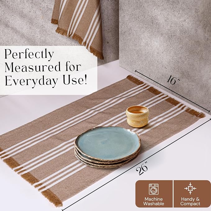 Prewashed Striped Dish Towels 12 Pack, 16x26 Inches, Quick Dry Towels for Kitchen, Durable, Reusable and Absorbent Wash Cloths Set, Washable Fabric, Heavy Duty for Daily Use - Brown