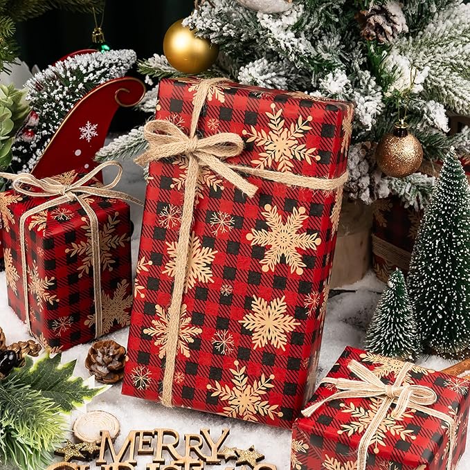 MAYPLUSS Kraft Christmas Wrapping Paper Roll - 17 Inch X 33 Feet - Recyclable Snowflake on Red Buffalo Plaid Kraft Birthday Winter Holiday Gift Wrap Sheet for Party DIY Craft Festive Decoration