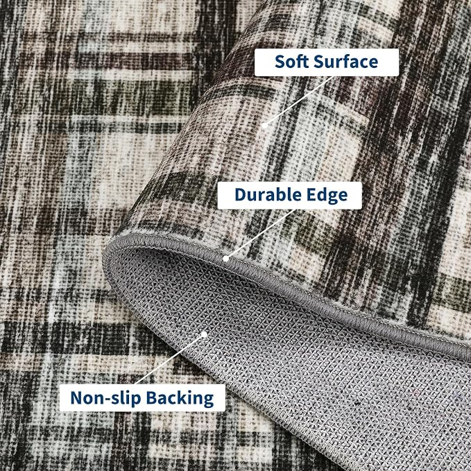 Washable Rugs 9 x 12 Rug for Living Room Plaid Area Rug Non Slip Large Area Rug Soft Non Shedding Throw Rugs Gingham Stain Resistant Carpet for Bedroom Office Dining Room Green/Brown 9'x12'