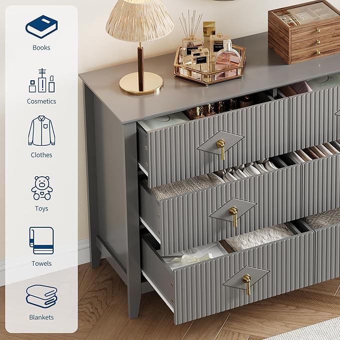 GarveeHome Fluted Dresser for Bedroom, 47.2 Inch Wide 6-Drawer Wood Dresser, Modern Chest of Drawers, Storage Organizer Cabinet for Living Room, Hallway, Entryway, Grey