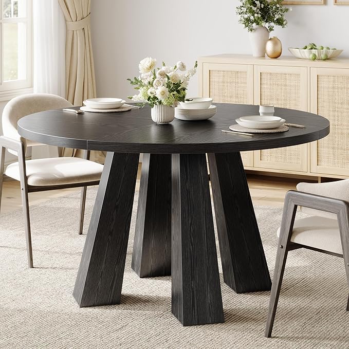 IDEALHOUSE 47" Round Dining Table for 4-6, Wood Kitchen Table with Sturdy Base, Farmhouse Circle Dinner Table for Dining Room, Living Room, 4 Strong Legs, Black