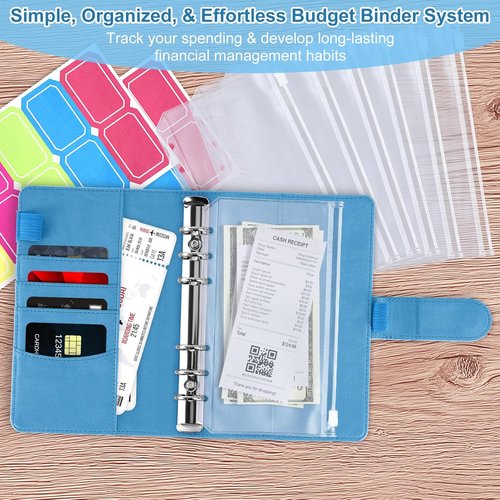 Antner A6 Budget Binder - Zipper Cash Envelopes for Money Organization | PU Leather Planner in Sky Blue