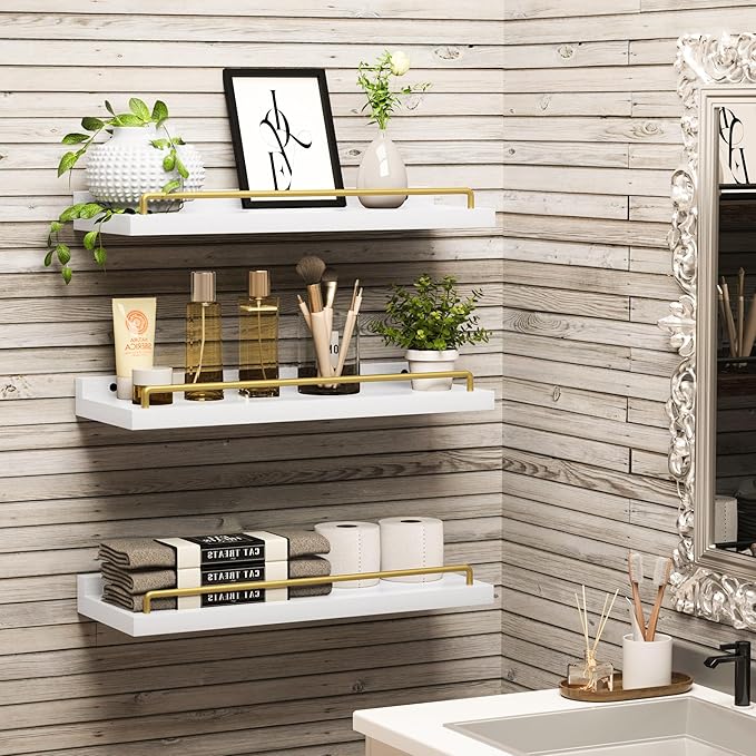 RYOFOBETTO Floating Shelves for Wall Decor, White and Gold Shelves for Bathroom, Living Room, Bedroom, Picture Frames, Plants, Kitchen (Set of 3)