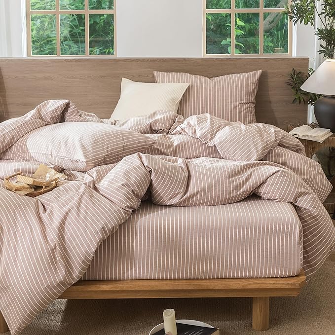 MooMee Striped Duvet Cover Set 100% Washed Cotton Linen Like Textured Breathable Durable Soft Comfy (Orange White Wide Stripes, Full 80"x90")