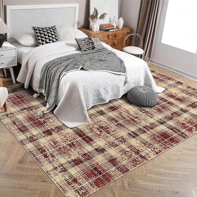 Living Room Area Rug 6x9 Washable Rugs Soft Bedroom Rug Farmhouse Large Area Rug Non Slip Throw Rugs Modern Low Pile Non Shedding Stain Resistant Carpet for Dining Room Classroom 6'x9' Red